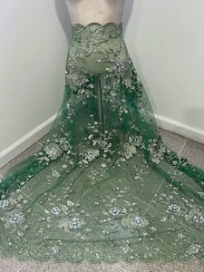 Green  Gold Silver Embroidery Rhinestone Beads Lace Fabric 50” Width 1 Yard - Picture 1 of 7