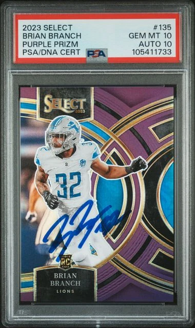 BRIAN BRANCH SIGNED 2023 PANINI SELECT PURPLE PRIZM 135 RC PSA 10 AUTO 10 /75 - Image 1 of 2