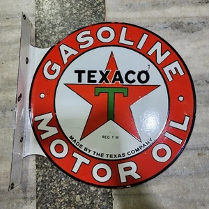 TEXACO GASOLINE FLANGE 2SIDED PORCELAIN ENAMEL SIGN 17 X 17.5 INCHES - Picture 1 of 4