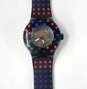 LIMITED EDITION Swatch Polka Dot Skeleton Dial Black Silicone Watch Rare - Bild 1 von 6