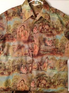 VINTAGE 1970s DAVID LONGMAN POLYESTER SHIRT SQUARE BUTTONS PIONEER WOMEN SCENES - Picture 1 of 12