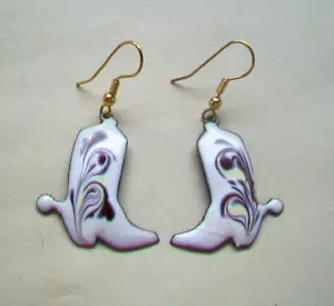 Enamel on Copper DANGLE EARRINGS -BOOT SHAPE- BROWN/WHITE COLORS -INGA - Picture 1 of 3