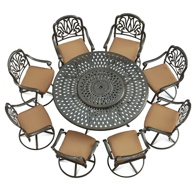 Juego de muebles de patio de 9 piezas silla giratoria de exterior y mesa de comedor redonda con Lazy Susan Foto 1 de 4
