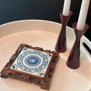 VTG Dal-Tile Mexican Carved Wood Ceramic Tile Trivet Kitchen Wall rimini blue - Picture 1 of 15