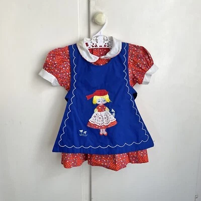 Vintage 60's 70's Baby Girl Rikki Junior Red Ditsy Floral Dress & Apron Size 2 - Image 1 of 4