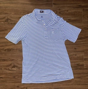 Johnnie-O Polo Shirt Mens Medium Blue White Striped Golf Embroidered Surfer Logo - Picture 1 of 4