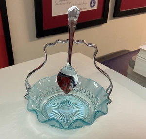 Vintage Pale Blue Glass Jam Dish Relish With Silver Tone Handle & Hanging Spoon - Picture 1 of 10