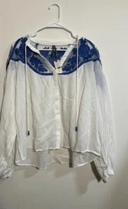 BY ANTHROPOLOGIE LONG SLEEVE TWO TONE LACE BLOUSE White/Blue Embroidery  XS NWT - Picture 1 of 6