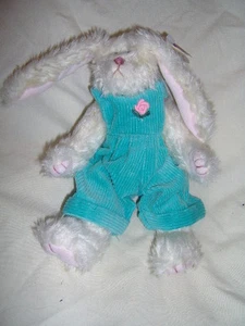 Ivy the 8 inch Long Ear White Bunny with Aqua Overalls - Picture 1 of 1