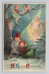 Postcard MAB 18220 Christmas Starlight Pink Santa Angels Watch Over Children - Picture 1 of 2