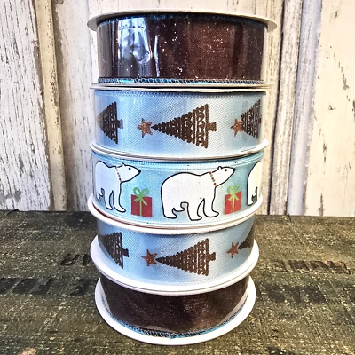 5 PC Set Celebrate It Christmas Ribbon Blue Brown Holiday 7/8" x 3 Yds NEW - Image 1 of 2