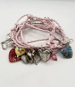 Bracciale rosa intrecciato similpelle vetro arte Murano cuore charm avvolgente - Foto 1 di 5