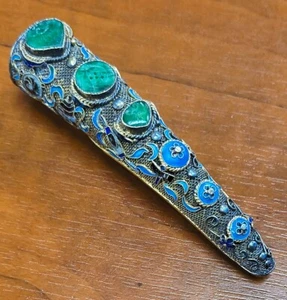 Broche/Pin Protector de Uñas de Dedo y Jade Esmalte Filigrana Plata China De Colección  - Imagen 1 de 17