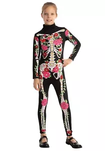 Girls Skeleton Floral Halloween Costume Jumpsuit for Kids Halloween Dress Up XL - Picture 1 of 6
