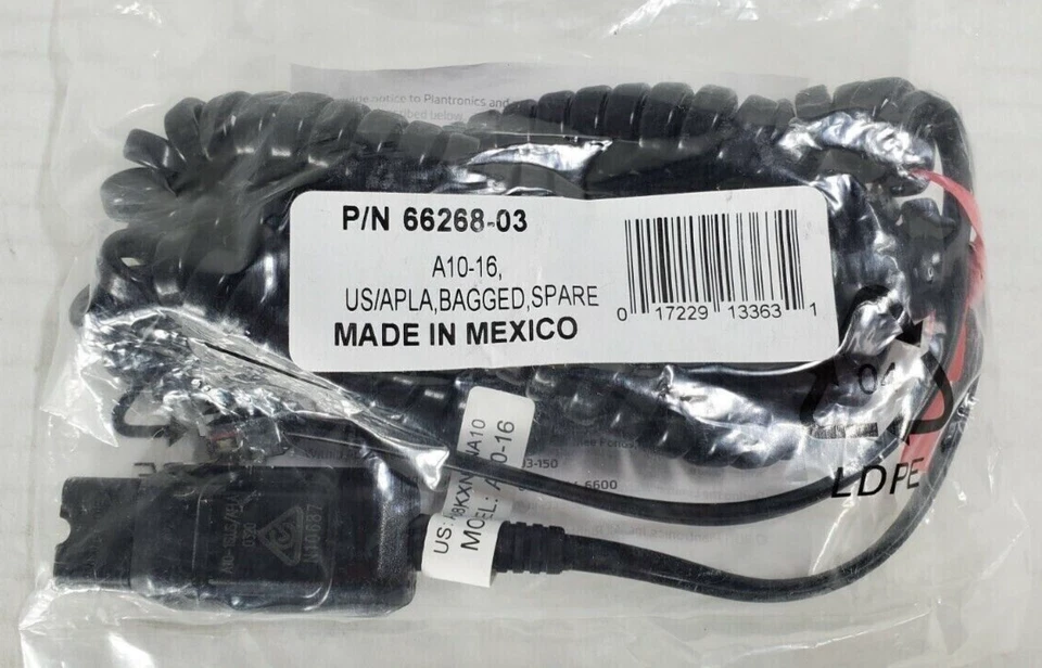 Plantronics A10-16 66268-03 Serie H y HW Teléfono Auriculares Cable QD NUEVO EN BOLSA Foto 1 de 1