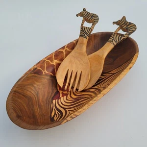 African Safari Serving Bowl Set Hand Carved Olive Wood - Picture 1 of 24