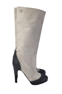Chanel Soft Slouchy Tall Boots Cap Toe Knee High Heel Boots CC Logo Size 39 - Picture 1 of 12