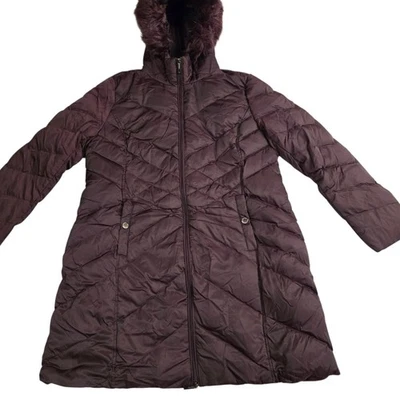 Kenneth Cole Reaction Coat Woman XL Purple Wine Long Down Puffer Faux Fur Hood - Image 1 of 4