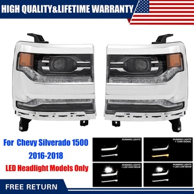 Full LED Headlights For 2016-18 Chevy Silverado 1500 Chrome Projector Pair LH+RH - Image 1 of 4