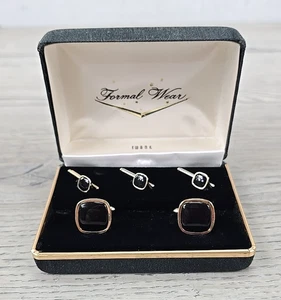 Vintage Swank Gold Tone w/ Black Stone Cufflink & Shirt Studs - Set of 5 - Picture 1 of 10