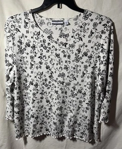 Croft And Barrow Shirt Blouse 3/4 Sleeve Floral Black on White Top XL - Picture 1 of 8