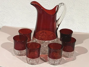 Antique Chrysanthemum Dbl Daisy RIVERSIDE GLASS Ruby Stained Pitcher 6-Tumblers! - Picture 1 of 10
