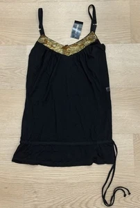 Canotta donna vintage Express nera con paillettes taglia XS Y2K anni 2000 Bling - Foto 1 di 7
