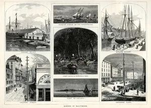 Baltimore Maryland Landmarks 1872 Historic American Scene Antique Wood Engraving - Picture 1 of 4