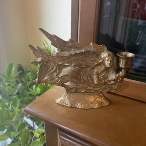 VINTAGE BRASS 7 1/2" WIDE  ANGEL BRASS  CANDLE STICK HOLDER - Picture 1 of 10