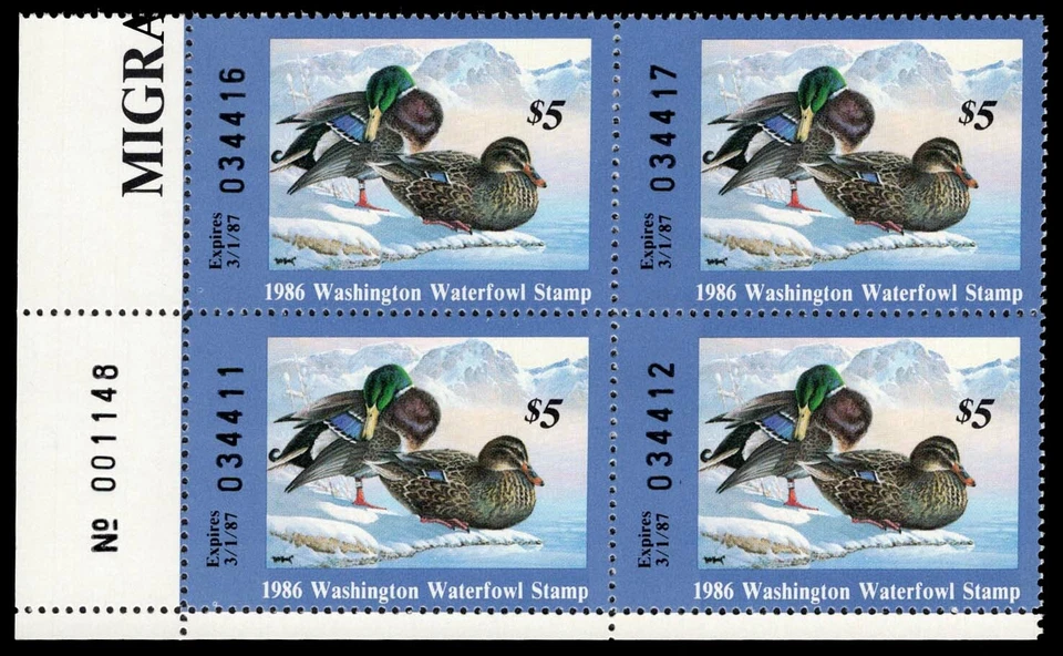1986 Washington **Plate Block of 4** State Duck Stamps (WA1) - Image 1 of 2