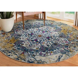 Vienne Round Area Rug Vintage Faded Ivory/Navy, 5-Foot-3-Inch - Picture 1 of 15