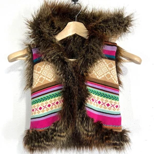 Gap Kids Medium Multi Color Knit sweater Vest Fux Fur lining & hoodie Tribal - Picture 1 of 9