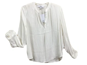 Magaschoni Damen Gr. L Polyester Auster Weiß Bluse Top Knopfleiste Gerafft - Bild 1 von 9