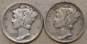1923 + 1924 Mercury Dimes VF+ VF-XF as Pictured Bk - Picture 1 of 2