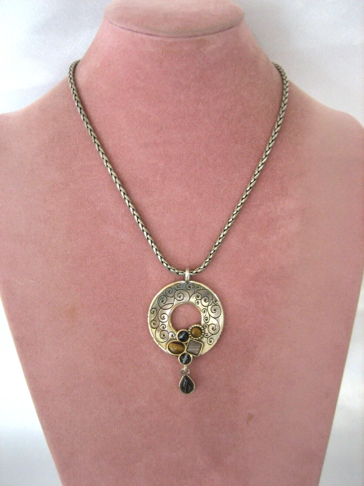 BRIGHTON SEMI-PRECIOUS Tiger’s Eye Onyx Circle Round Pendant Necklace! RETIRED Foto 1 de 4