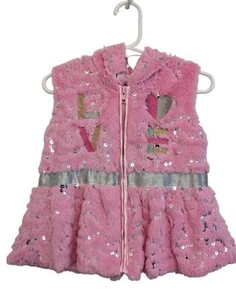 Real Love -Kids Love Pink Silver Fuzzy Hooded Vest Full Zip Girls Size 2T - Picture 1 of 5