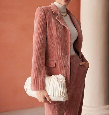 Corduroy Women Suit 2 Piece Set Dressy Notch Lapel Business Work Casual Outfits - Image 1 of 4