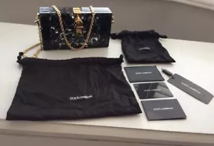 £1,450 DOLCE & GABBANA Black Lace Perspex Box Clutch Shoulder Bag Gold Chain - Picture 1 of 16