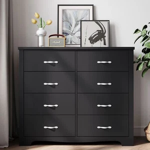 Solid Black Wooden 8 Drawer Double Dresser Chest Drawers Clothes Storage Cabinet - Picture 1 of 8