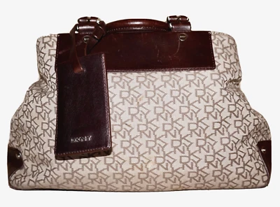 Bolso de mano vintage DKNY DONNA KARAN beige jacquard y cuero marrón 9x14 Foto 1 de 4