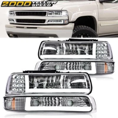Fit For 99-02 Chevy Silverado/00-06 Suburban Tahoe LED BAR DRL Chrome Headlights - Image 1 of 4