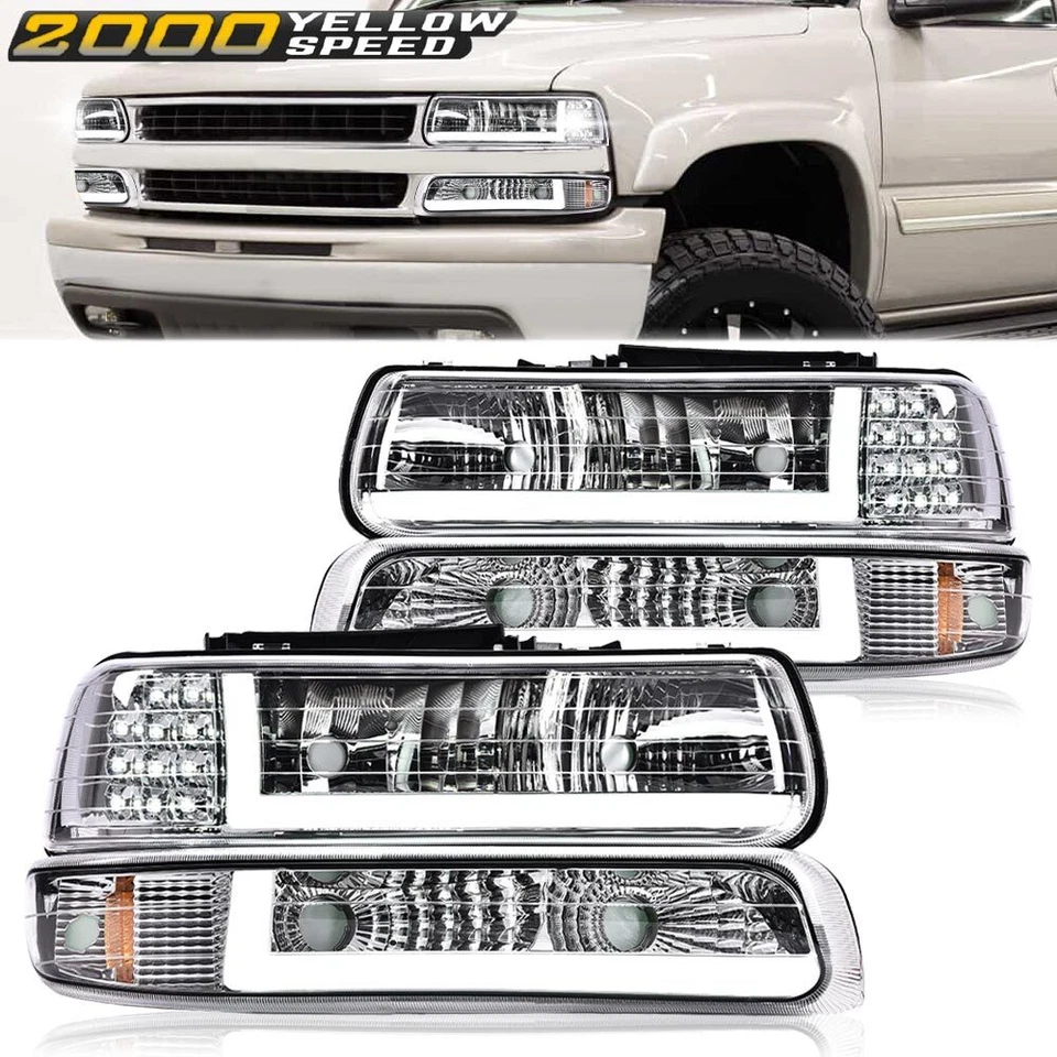 Fit For 99-02 Chevy Silverado/00-06 Suburban Tahoe LED BAR DRL Chrome Headlights - Image 1 of 4