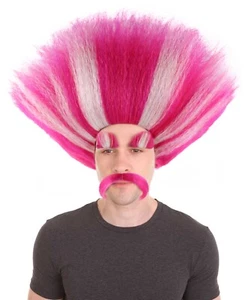 Adult Troll Wig with Eyebrows & Mustache, King Peppy Costume Halloween & Cosplay - Picture 1 of 8