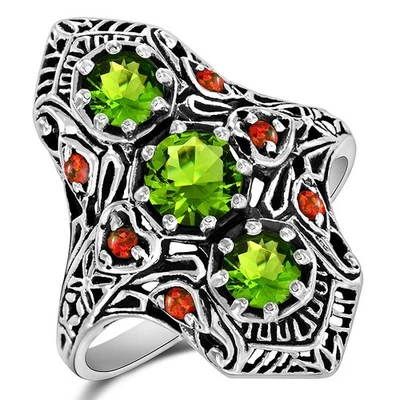 1CT Natural Peridot & Opal 925 Sterling Silver Art Nouveau Ring Sz 9 XA3-1 - Image 1 of 4