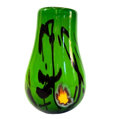 Hand Blown Art Glass Vase Green Black Drip Design Flame Flower Unique Décor - Image 1 of 4