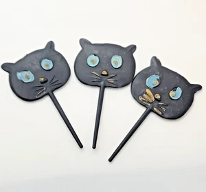 3 Vintage Halloween Cat Cake Cupcake Ice Cream Pick Hong Kong Painted Plastic - Picture 1 of 8