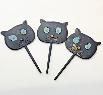 3 Vintage Halloween Gato Pastel Cupcake Helado Pick Hong Kong Plástico Pintado Foto 1 de 4