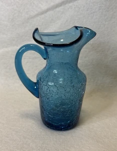 Vintage blau Crackle Glas Krug Vase mundgeblasen Kunstglas 5" - 6 oz - Bild 1 von 7