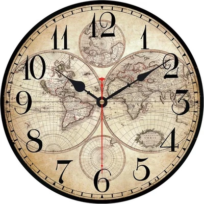 14" Vintage World Map Wall Clock Silent Non-Ticking Rustic Wooden Home Decor - Image 1 of 4