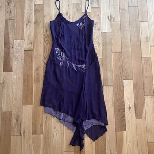 Sue Wong Vintage Y2K asymmetrisch Seide Perlen Blumen bestickt Kleid Gr 10 - Bild 1 von 8